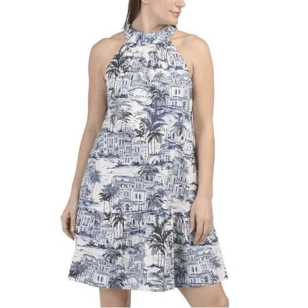 Calypso St Barth Women's Blue White Tropical City Toile Halter Mini Dress M New